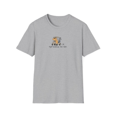 Capy Life grey softstyle t-shirt featuring a capybara in a golf cart with the text high handicap low rider