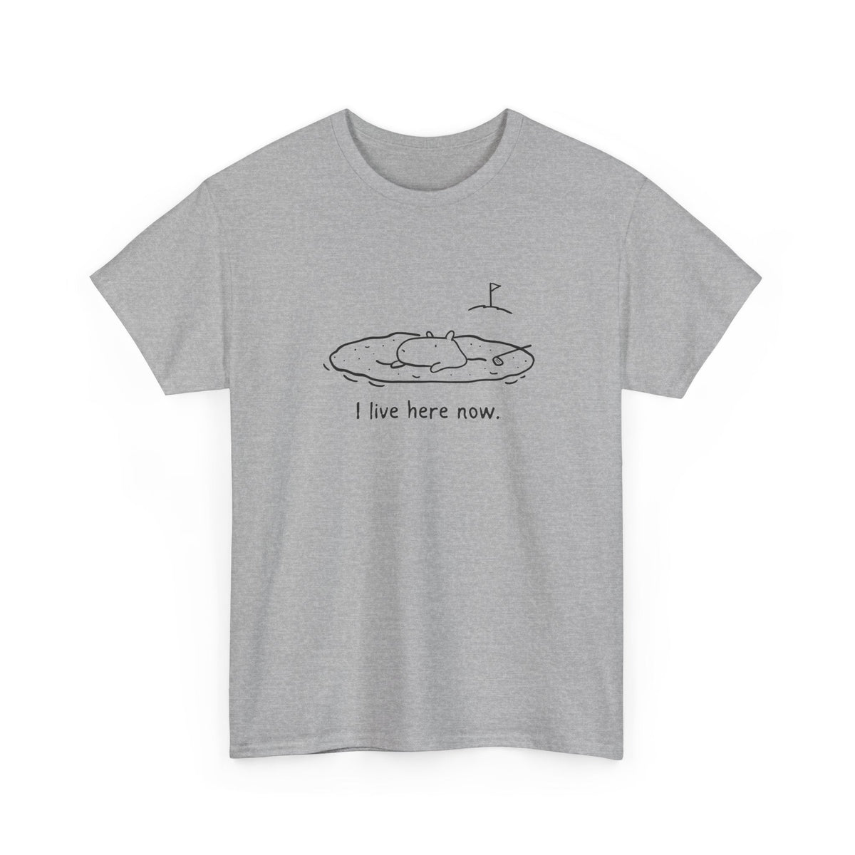 Capy Life grey t-shirt featuring a minimalist doodle of a capybara relaxing in a golf sand bunker with text.