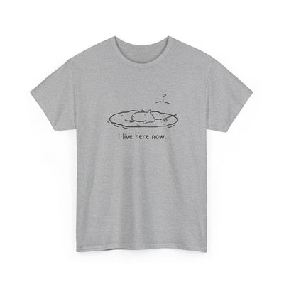 Capy Life grey t-shirt featuring a minimalist doodle of a capybara relaxing in a golf sand bunker with text.