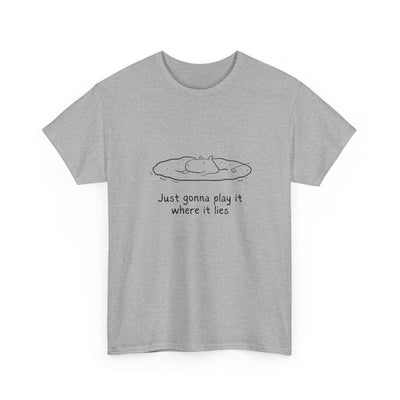 Capy Life grey heavy cotton t-shirt featuring a cartoon capybara in a sand trap with the text Just gonna play it where it lies