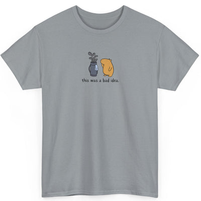 Capy Life grey heavy cotton t-shirt with a small center graphic of a capybara and golf clubs saying this was a bad idea