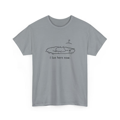 Capy Life grey heavy cotton t-shirt featuring a minimalist line drawing of a capybara relaxing in a golf sand bunker.
