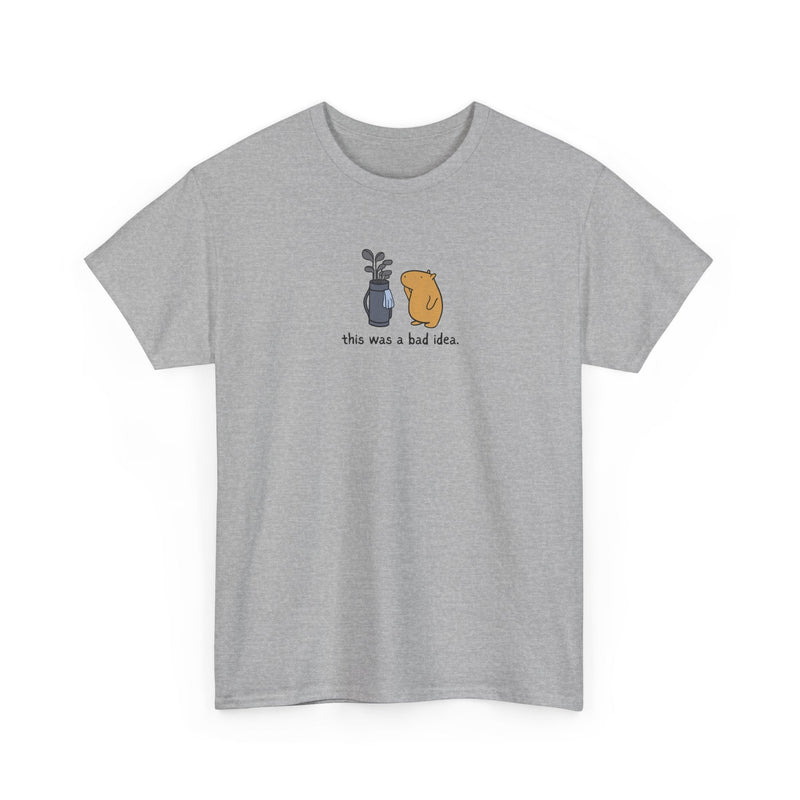 Capy Life grey heavy cotton t-shirt featuring a small center graphic of a capybara with golf clubs and text.