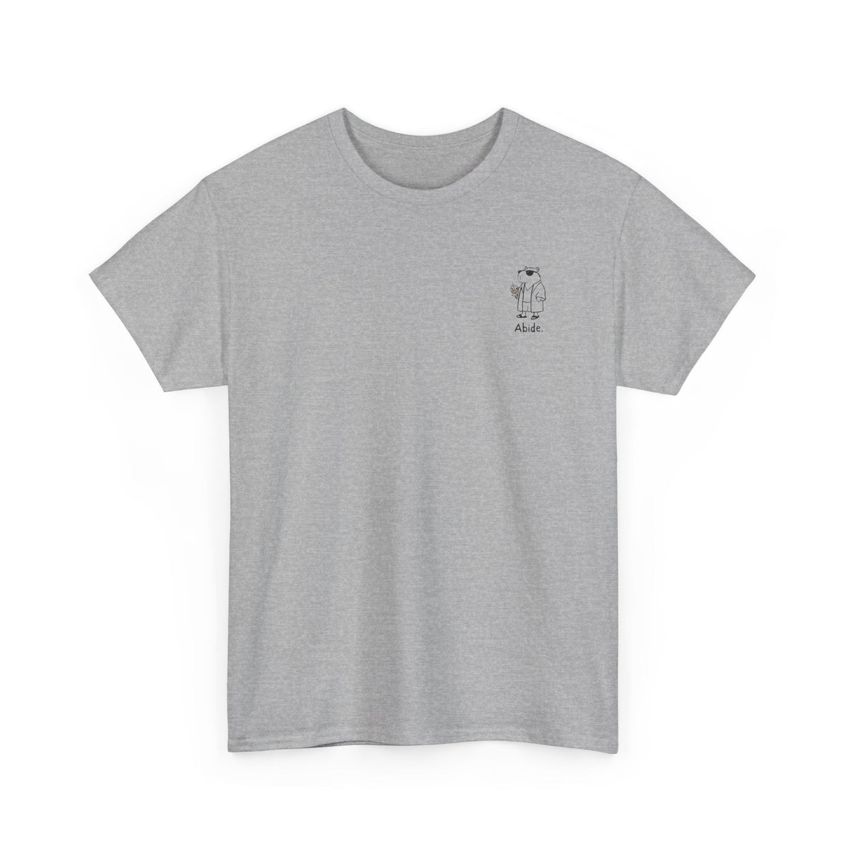 Capy Life grey heavy cotton t-shirt with a small left chest graphic of a capybara in a robe and sunglasses.
