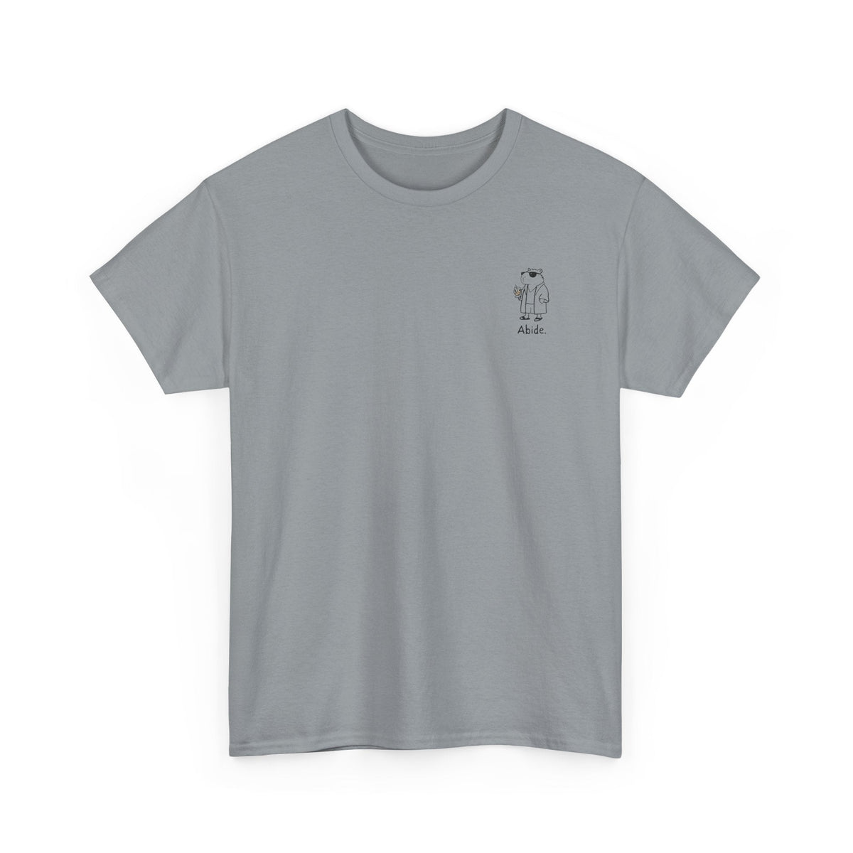 Capy Life grey heavy cotton t-shirt with a small left chest graphic of a capybara in a robe and sunglasses