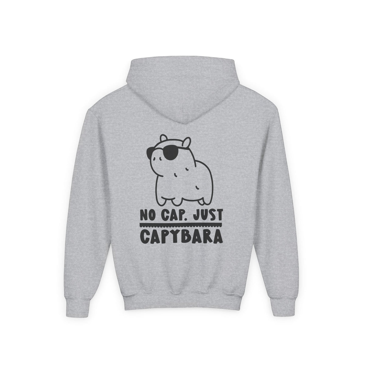 Capy Life grey hoodie featuring a back graphic of a cute capybara wearing sunglasses with the text No Cap Just Capybara