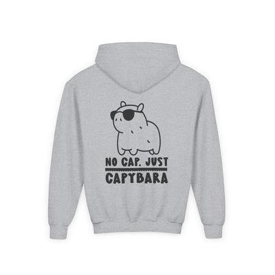 Capy Life grey hoodie featuring a back graphic of a cute capybara wearing sunglasses with the text No Cap Just Capybara