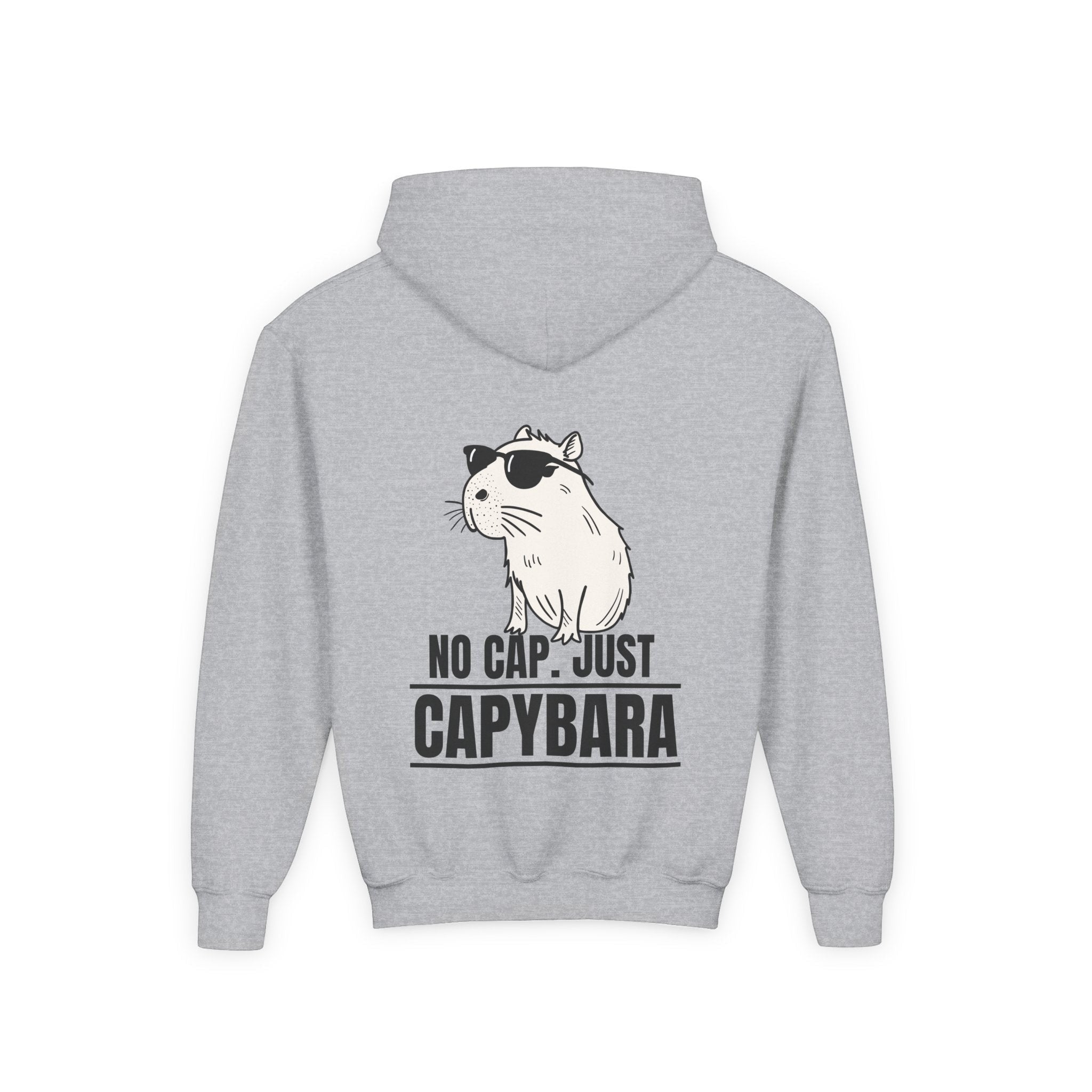 Capy Life kids hoodie in grey featuring a back graphic of a cool capybara wearing sunglasses with the text No Cap Just Capybara