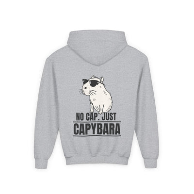 Capy Life kids hoodie in grey featuring a back graphic of a cool capybara wearing sunglasses with the text No Cap Just Capybara