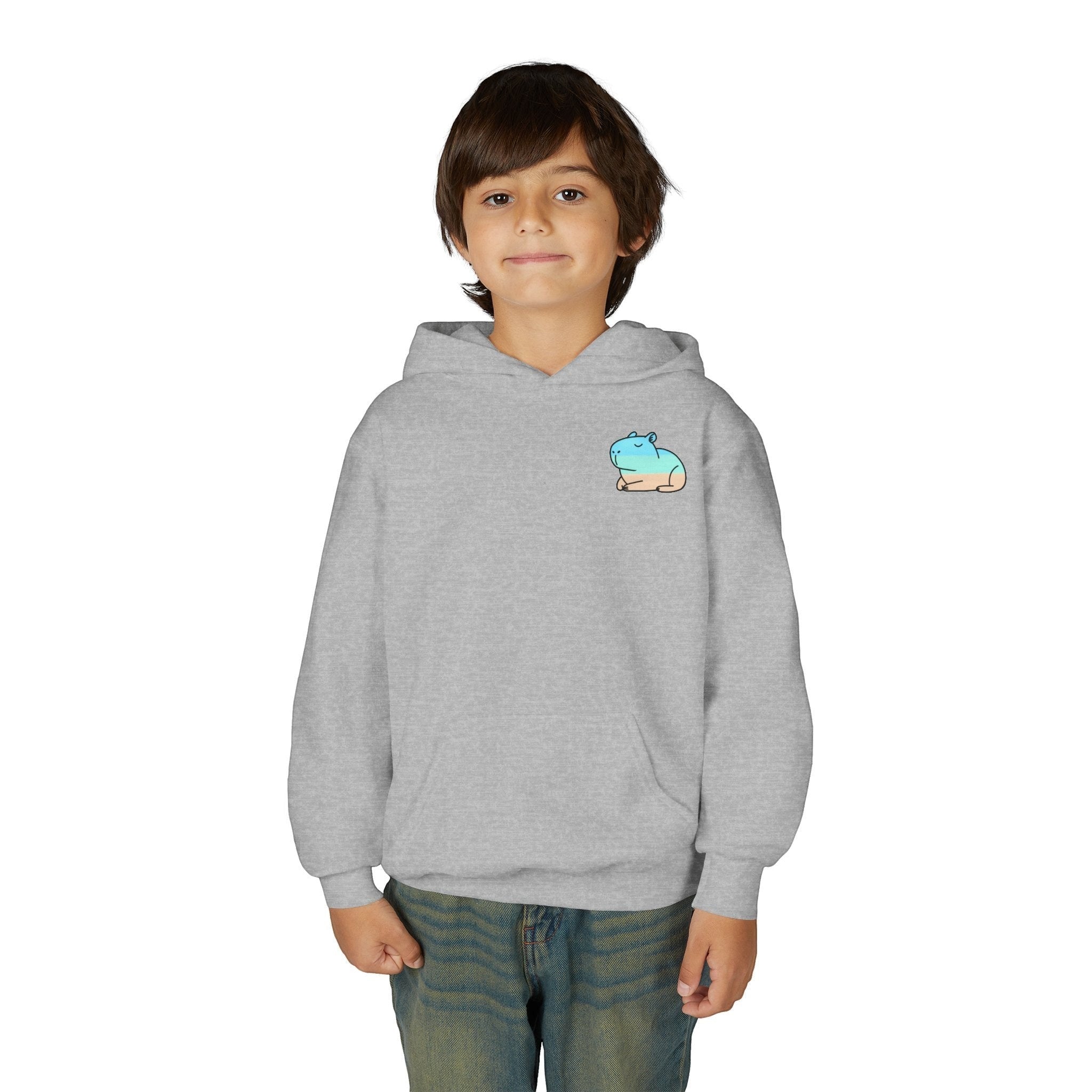 A young boy wearing a Capy Life grey pullover hoodie with a small, minimalist coastal capybara graphic on the chest.