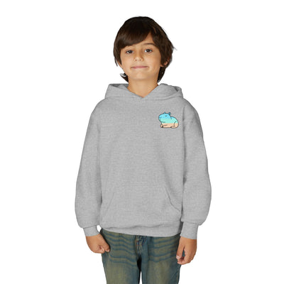 A young boy wearing a Capy Life grey pullover hoodie with a small, minimalist coastal capybara graphic on the chest.