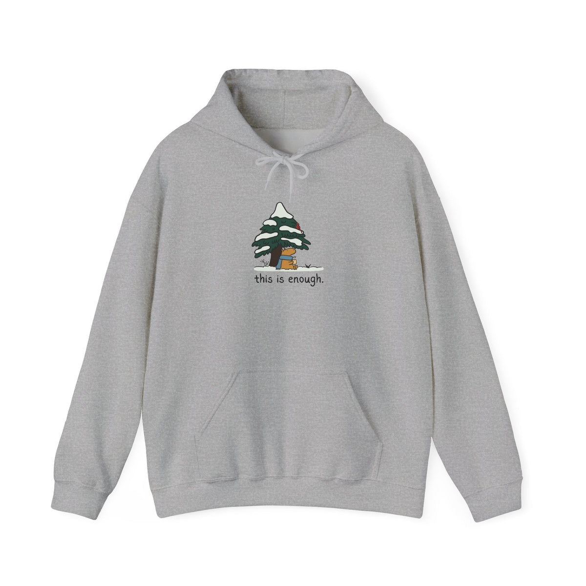 Capy Life grey pullover hoodie featuring a cute capybara illustration under a snowy tree with the text this is enough
