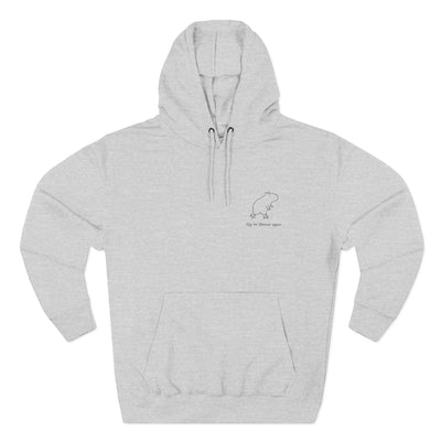 Capy Life grey unisex hoodie featuring a minimalist embroidered capybara graphic and Off to Shenan-again text.