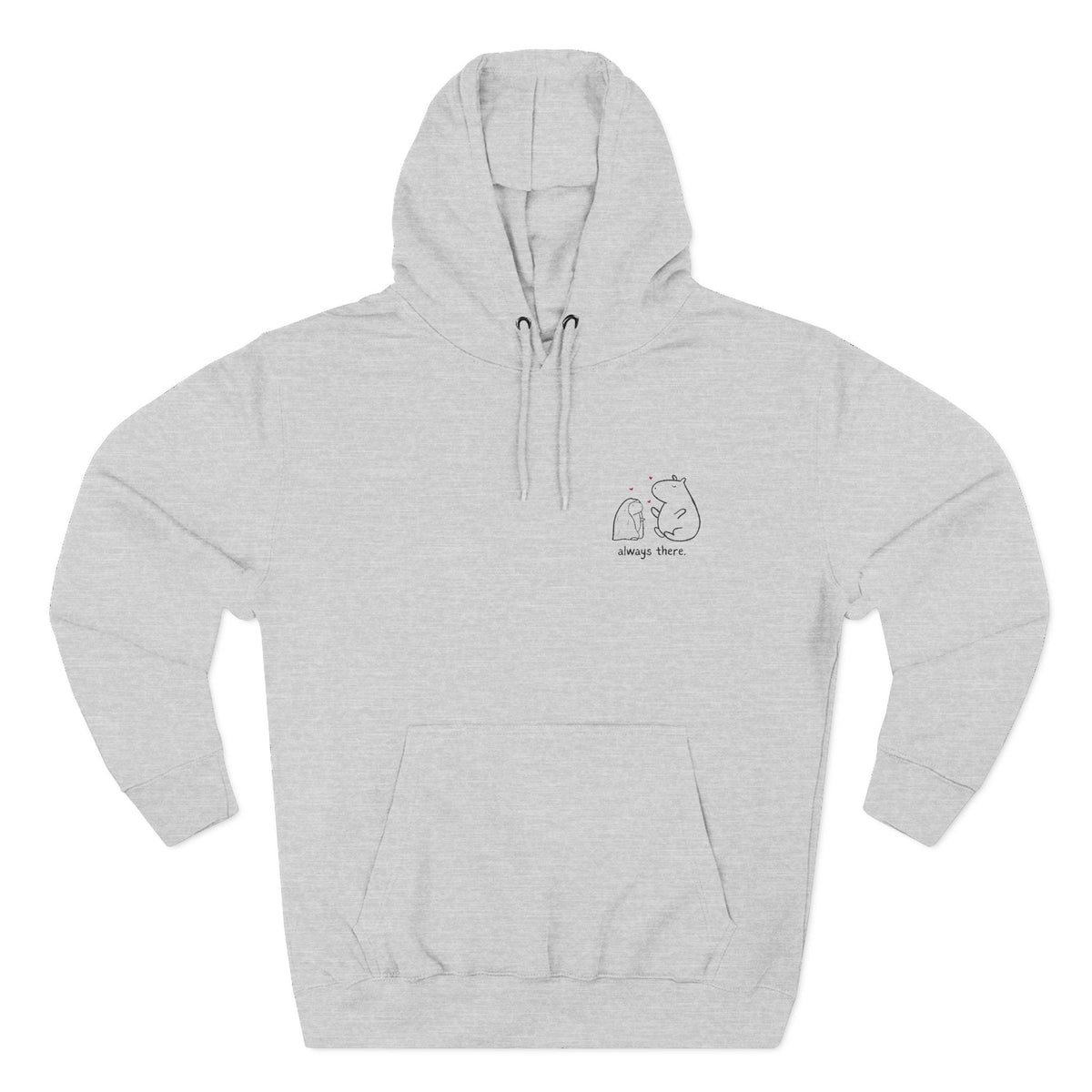 Capy Life grey hoodie with a minimalist capybara illustration and the text always there on the chest