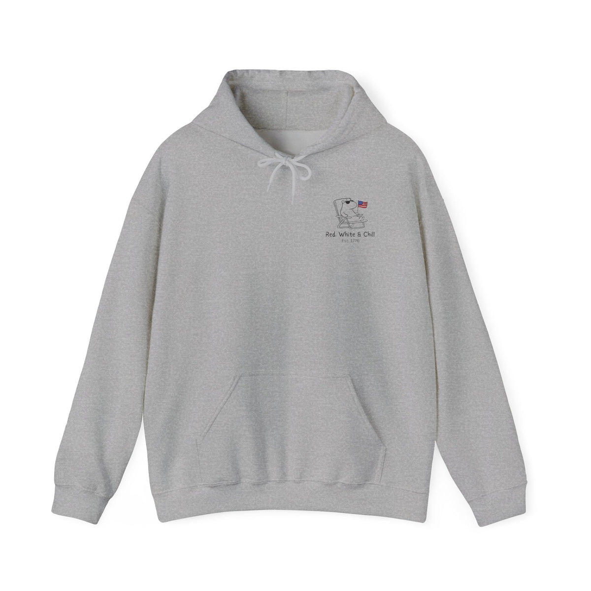Capy Life grey pullover hoodie featuring a minimalist capybara graphic with an American flag and Red White & Chill text