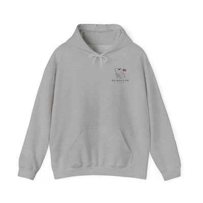 Capy Life grey pullover hoodie featuring a minimalist capybara graphic with an American flag and Red White & Chill text
