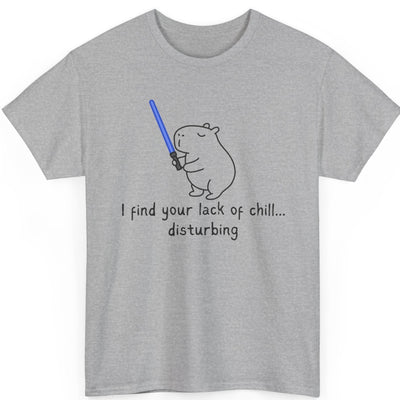 Capy Life grey cotton t-shirt featuring a hand-drawn capybara holding a blue lightsaber with funny Star Wars text.