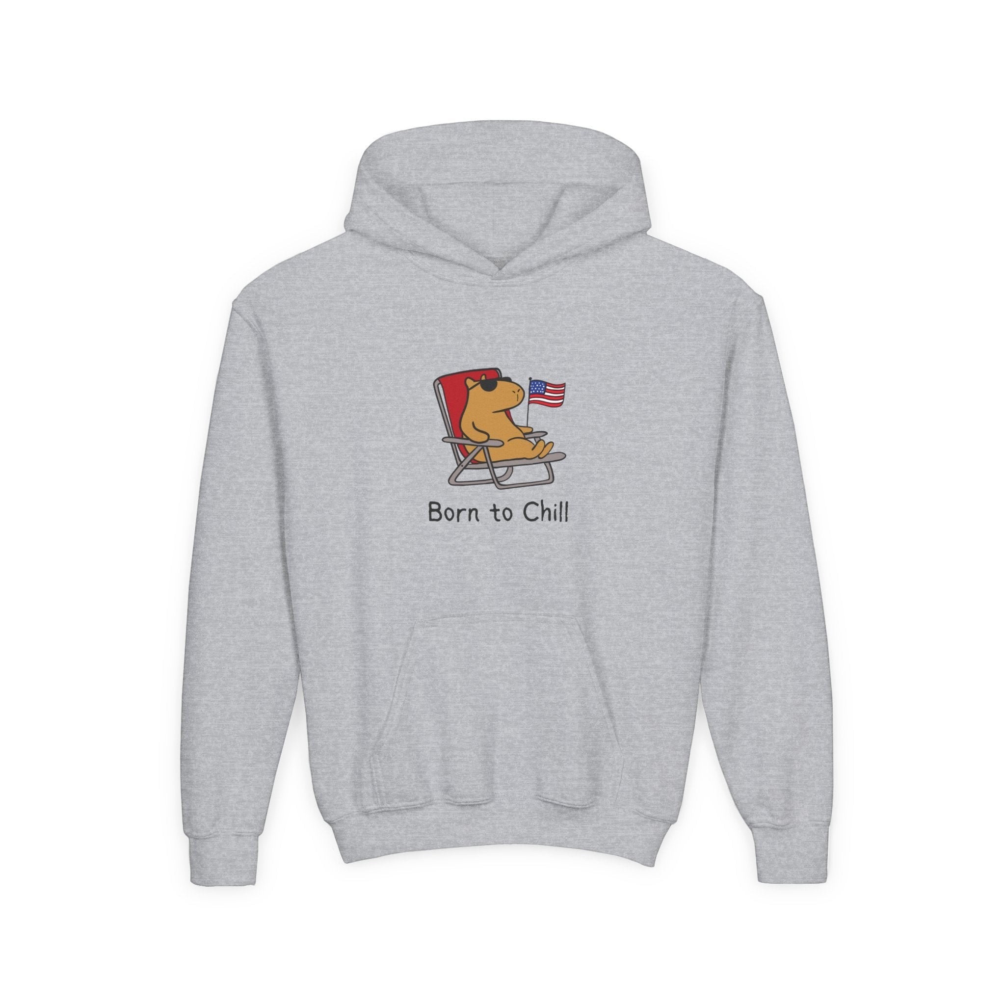 Capy Life grey youth hoodie featuring a capybara in sunglasses sitting in a chair with an American flag and Born to Chill