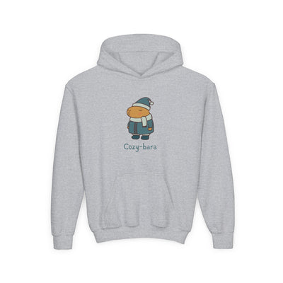 Capy Life grey kids hoodie featuring a cute capybara in a winter puffer coat, knit hat, and scarf with kangaroo pocket