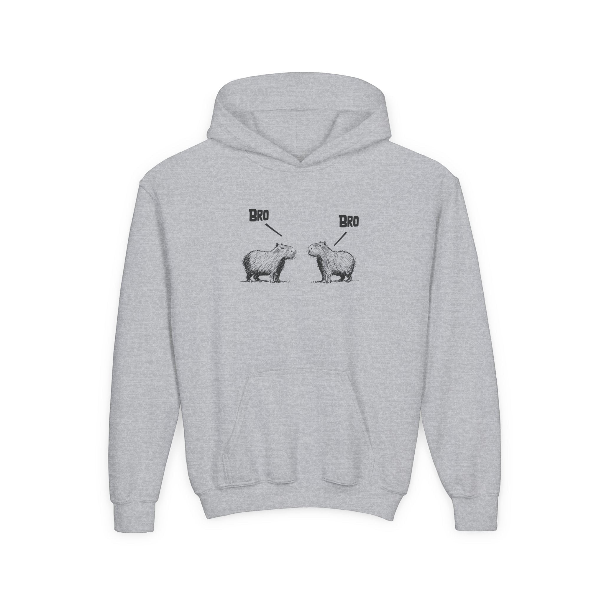 Capy Life grey kids hoodie featuring a funny sketch-style graphic of two capybaras saying Bro to each other.