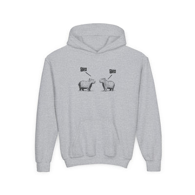 Capy Life grey kids hoodie featuring a funny sketch-style graphic of two capybaras saying Bro to each other.