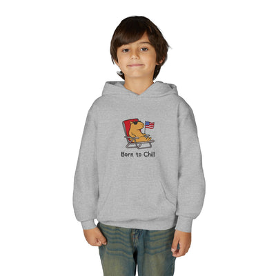 Capy Life youth grey hoodie featuring a capybara in sunglasses relaxing in a chair with an American flag