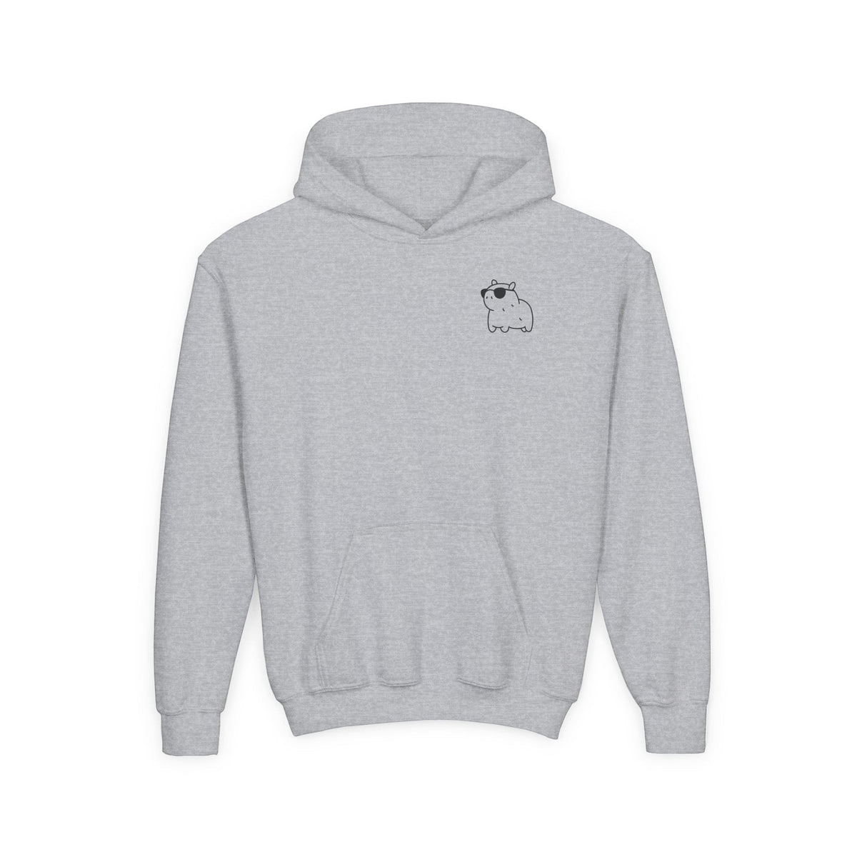 Capy Life kids hoodie in grey cotton-blend fleece with a small, minimalist capybara wearing sunglasses on the chest.