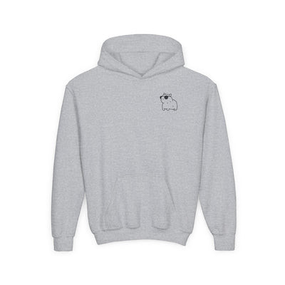Capy Life kids hoodie in grey cotton-blend fleece with a small, minimalist capybara wearing sunglasses on the chest.