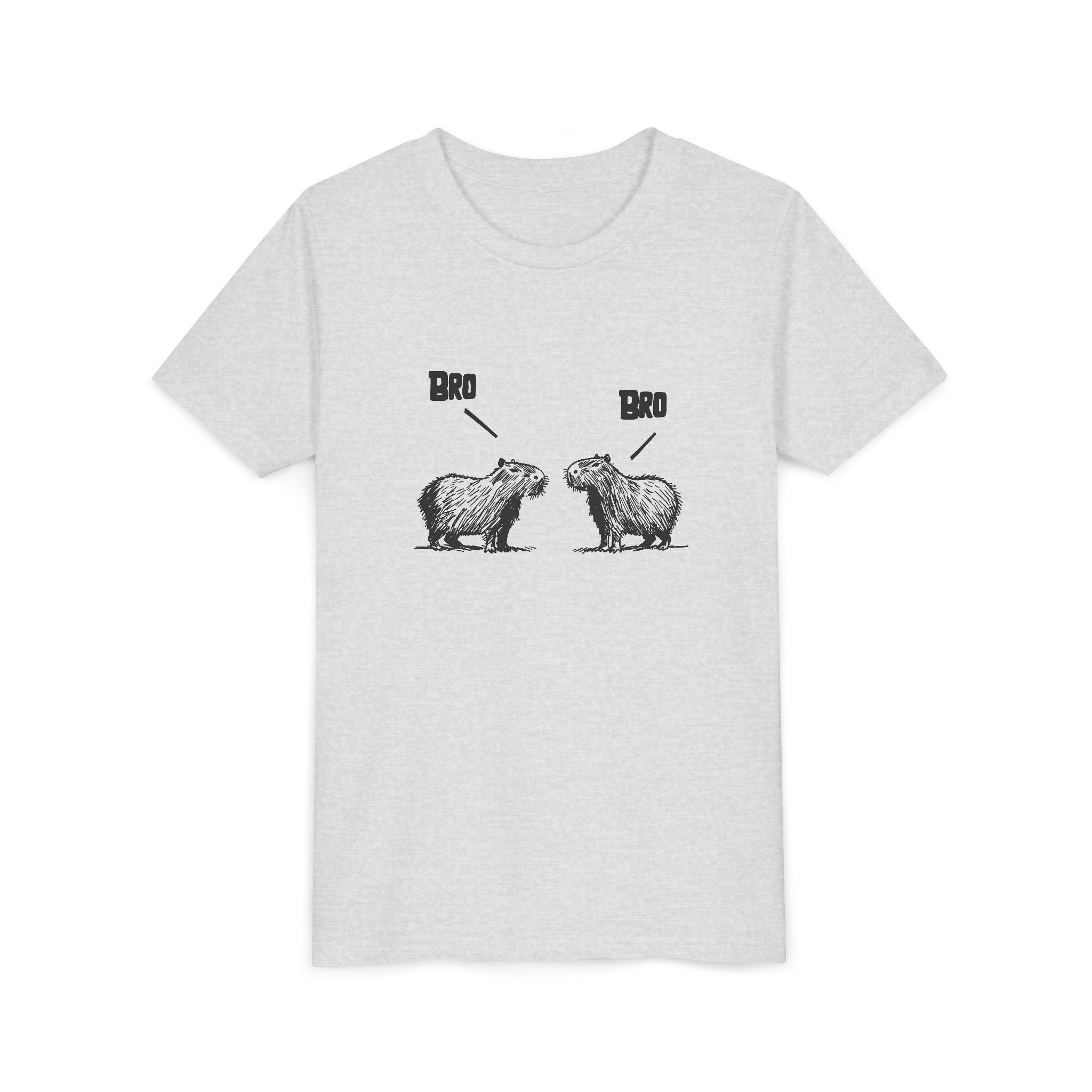 Capy Life grey youth t-shirt featuring a sketch-style graphic of two capybaras saying Bro to each other