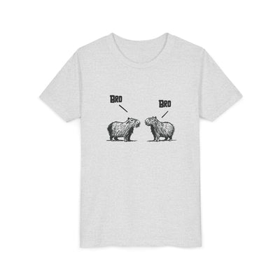 Capy Life grey youth t-shirt featuring a sketch-style graphic of two capybaras saying Bro to each other