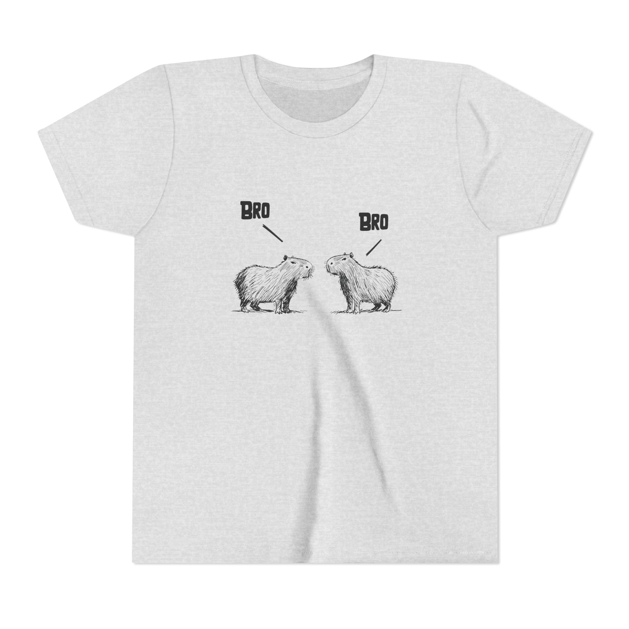 Capy Life kids t-shirt in light grey featuring a sketch-style graphic of two capybaras saying Bro to each other.