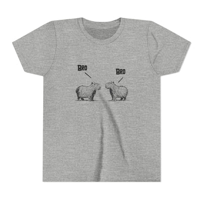 Capy Life grey youth t-shirt featuring a sketch-style illustration of two capybaras saying Bro to each other.