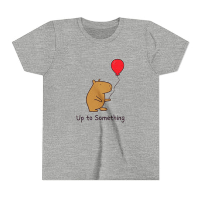 Capy Life grey youth t-shirt featuring a cute capybara holding a red balloon with the text Up to Something