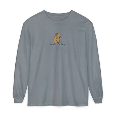 Capy Life grey garment-dyed long sleeve tee featuring a small hand-drawn capybara graphic and I can't I'm busy text.