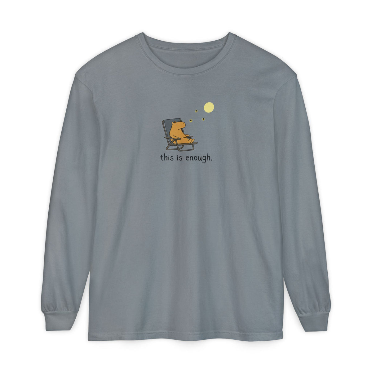 Capy Life long sleeve tee in slate blue featuring a hand-drawn capybara in a chair under a moon with this is enough text