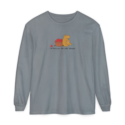 Capy Life grey long sleeve tee featuring a cute capybara eating a cider donut next to a basket of red apples.