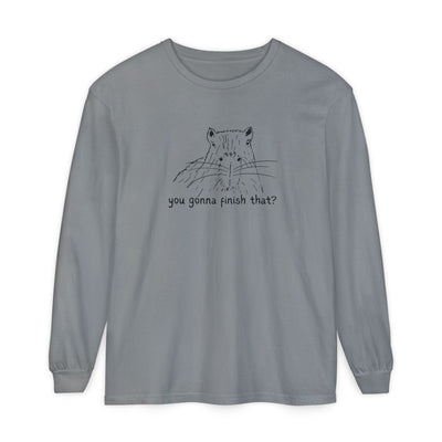 Capy Life grey long sleeve t-shirt featuring a hand-drawn capybara sketch and the text you gonna finish that