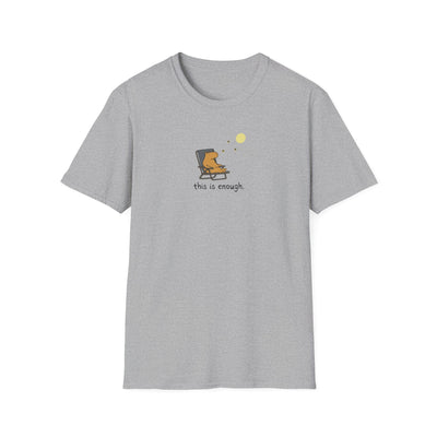 Capy Life grey softstyle t-shirt featuring a hand-drawn capybara sitting in a chair under the moon with text.