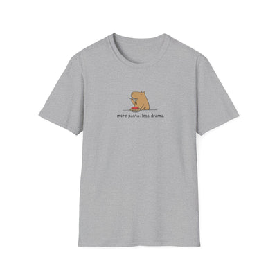 Capy Life grey softstyle t-shirt featuring a minimalist illustration of a capybara eating spaghetti with text.
