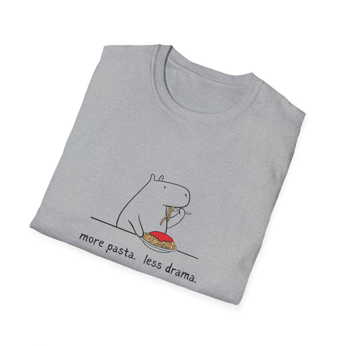 Capy Life grey softstyle cotton t-shirt featuring a minimalist capybara eating spaghetti with the text More Pasta Less Drama