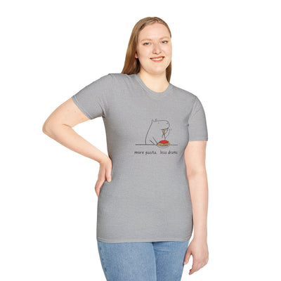 Capy Life grey softstyle cotton t-shirt featuring a capybara eating spaghetti with the text More Pasta Less Drama
