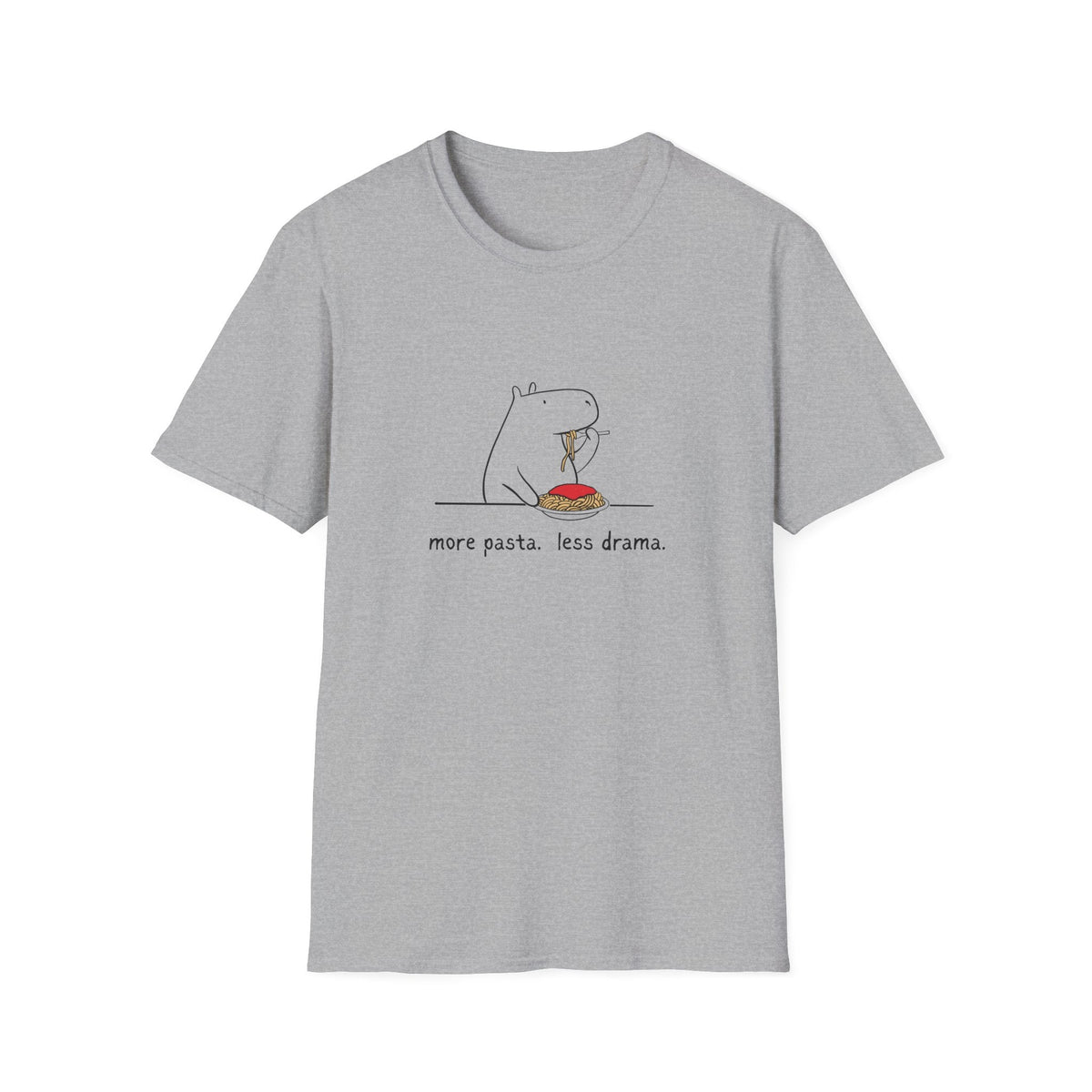 Capy Life grey softstyle cotton t-shirt featuring a minimalist doodle of a capybara eating spaghetti with text.