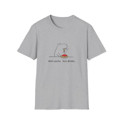 Capy Life grey softstyle cotton t-shirt featuring a minimalist doodle of a capybara eating spaghetti with text.
