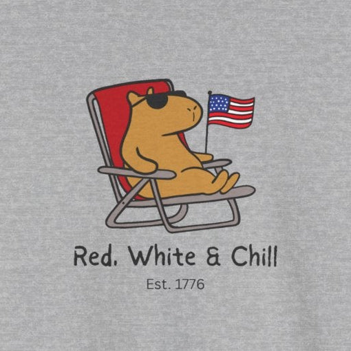 Capy Life grey t-shirt featuring a capybara in sunglasses lounging in a chair with an American flag and funny text.