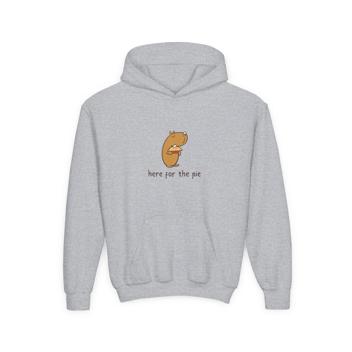 Capy Life grey kids hoodie featuring a cute capybara holding a slice of pie with the text here for the pie
