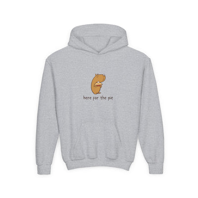Capy Life grey kids hoodie featuring a cute capybara holding a slice of pie with the text here for the pie