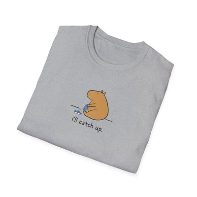 Capy Life grey softstyle t-shirt featuring a hand-drawn capybara sitting with a sneaker and text i'll catch up.