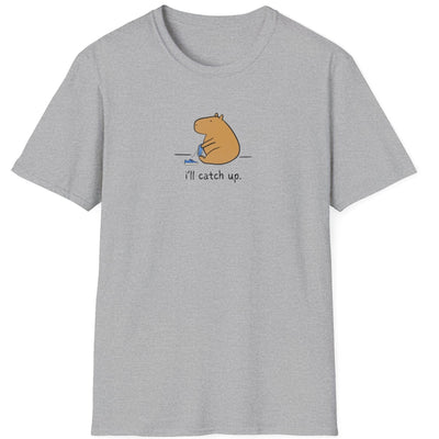 Capy Life grey softstyle t-shirt with a minimalist capybara illustration and the text i'll catch up.