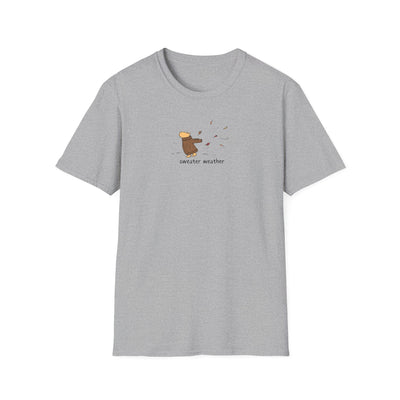 Capy Life grey softstyle t-shirt featuring a minimalist illustration of a capybara in a brown sweater in autumn.