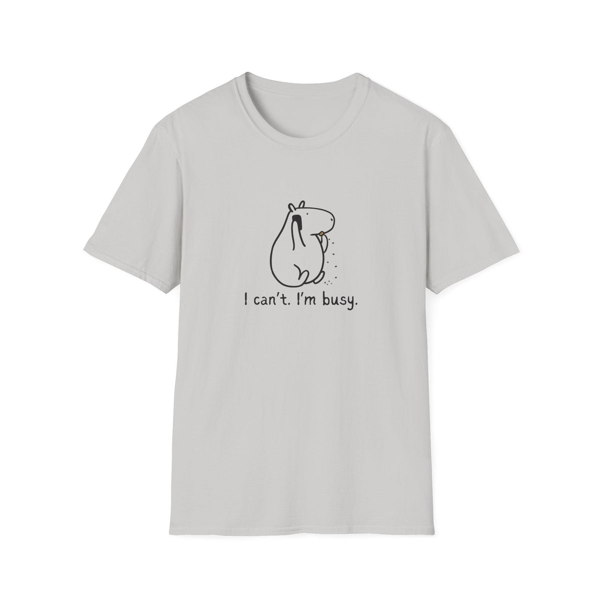 Capy Life softstyle adult tee in light grey featuring a minimalist line drawing of a capybara and text I can't. I'm busy.